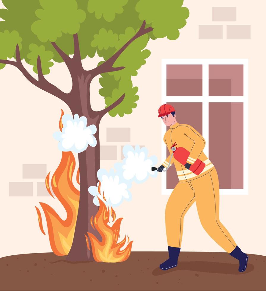 Fireman putting out burning tree vector