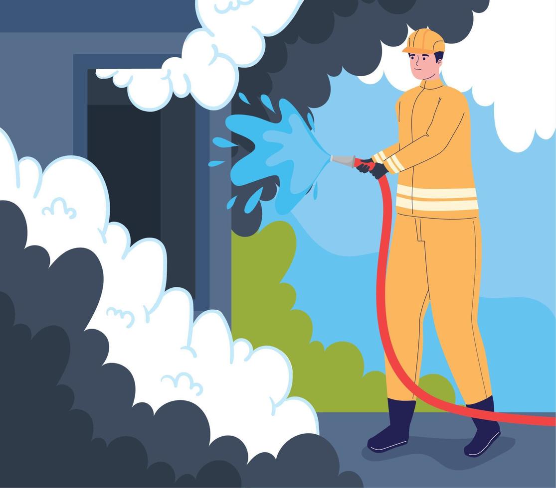 Fireman with hose puttin building vector