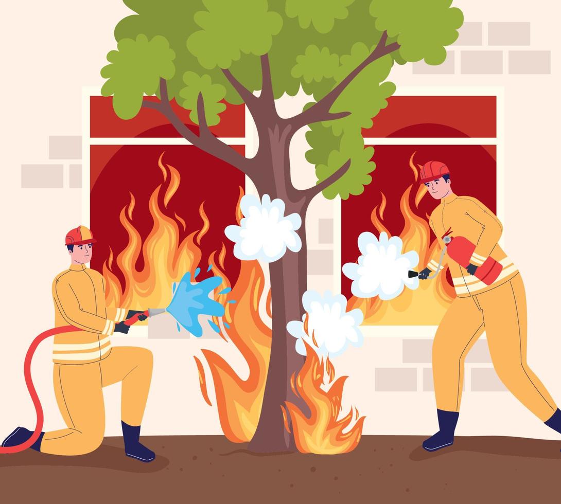 two firefighters in fire vector