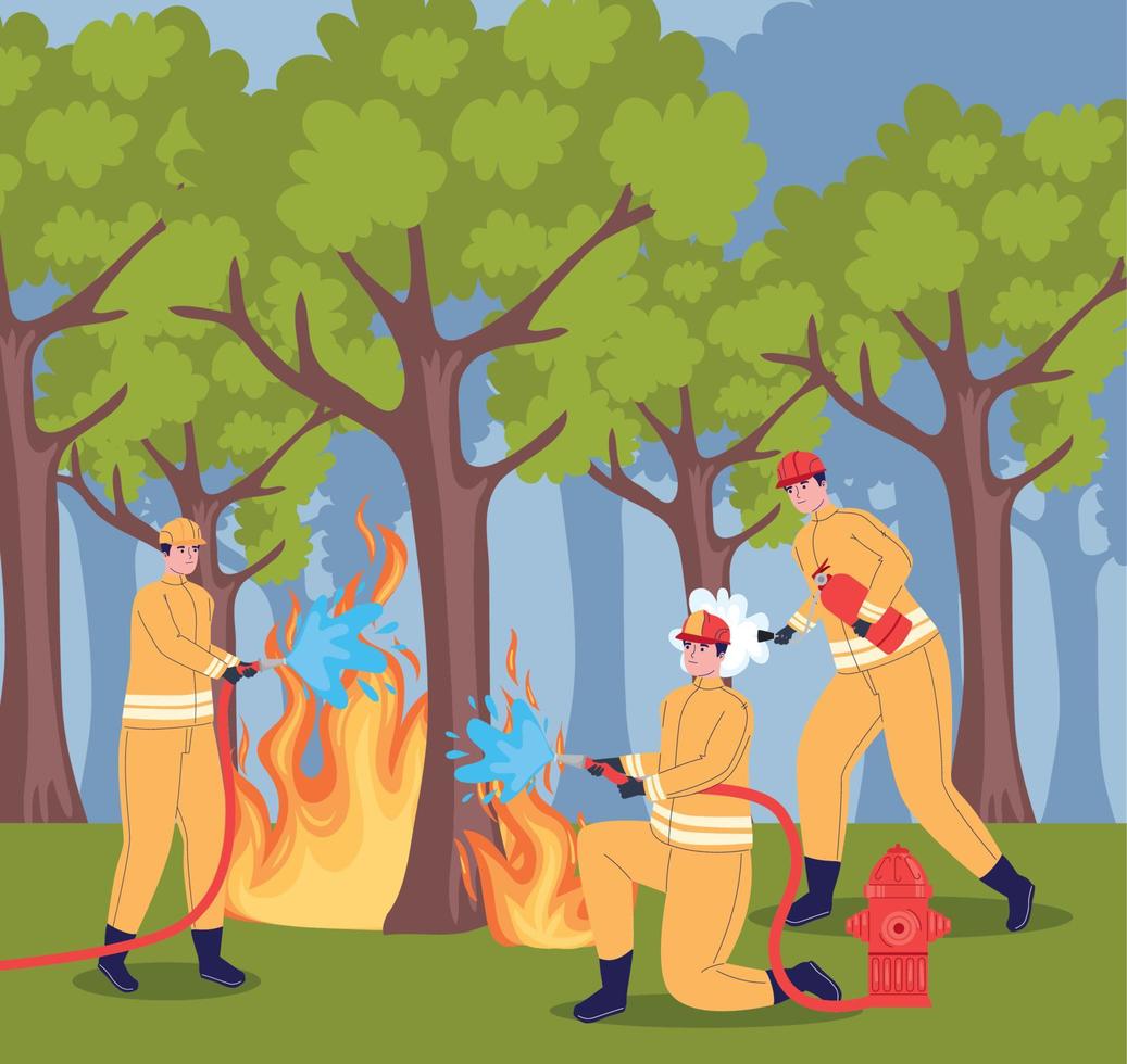 firefighters in forest fire vector