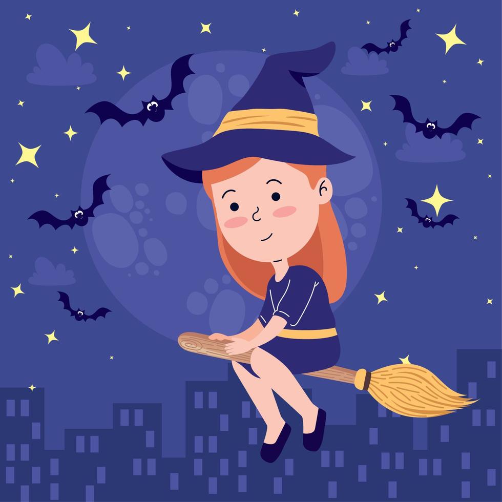 witch flying in broom scene vector