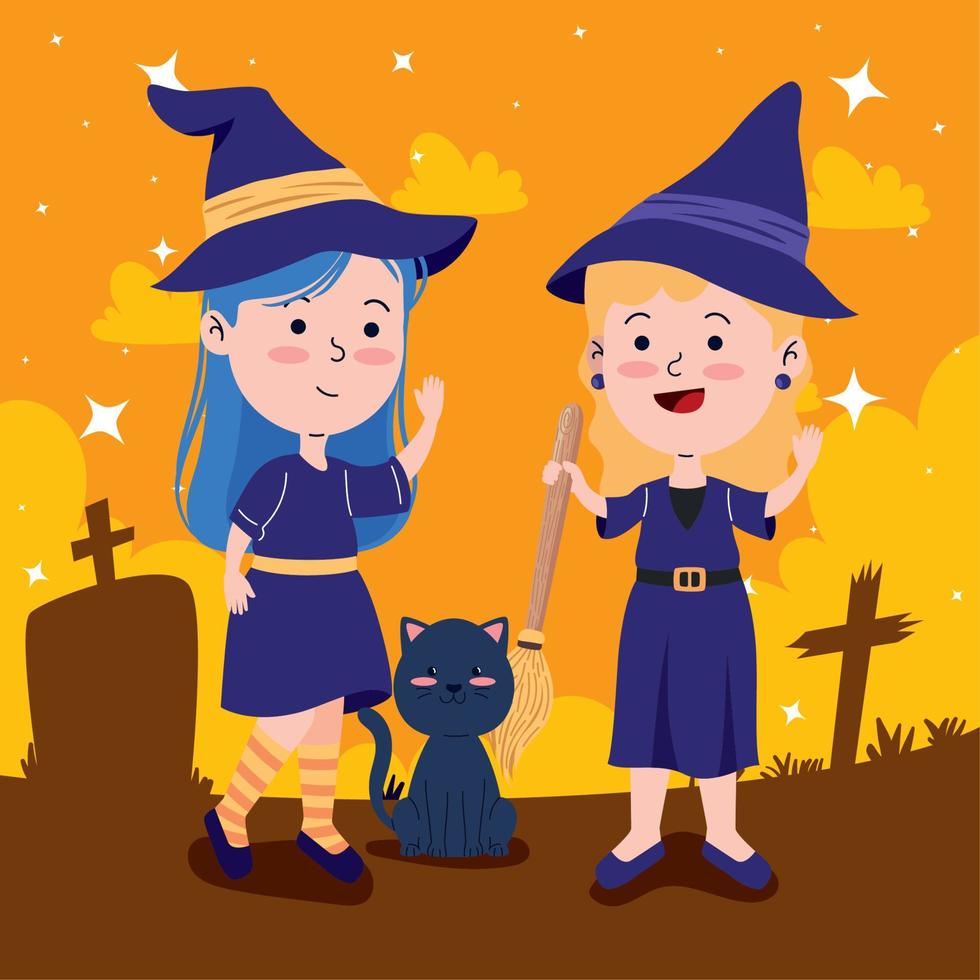 halloween witches with cat vector