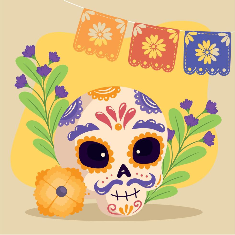 dia de los muertos calavera con guirnaldas vector