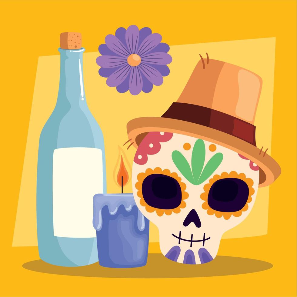 dia de los muertos skull with wine vector