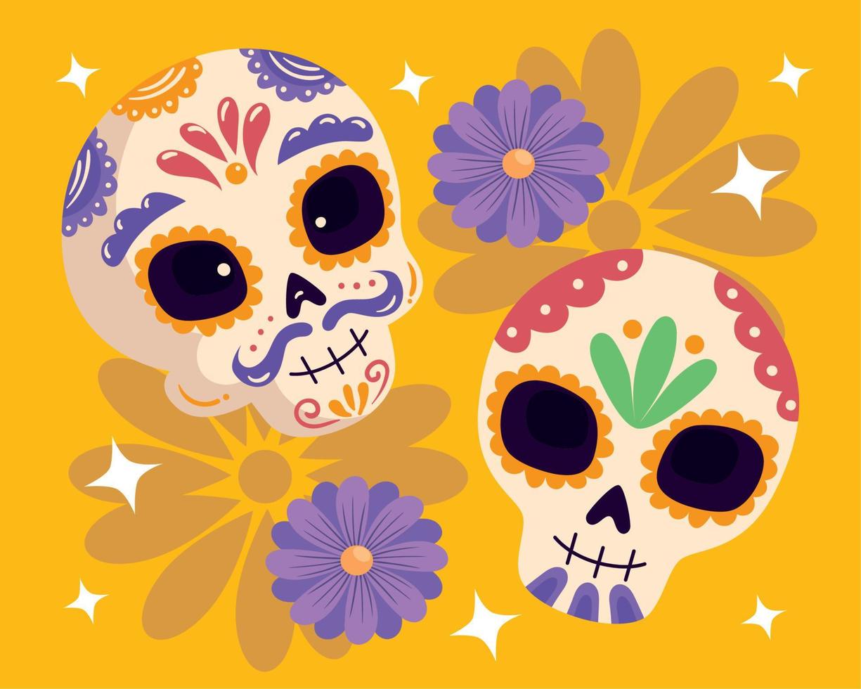 dia de los muertos skulls with flowers vector
