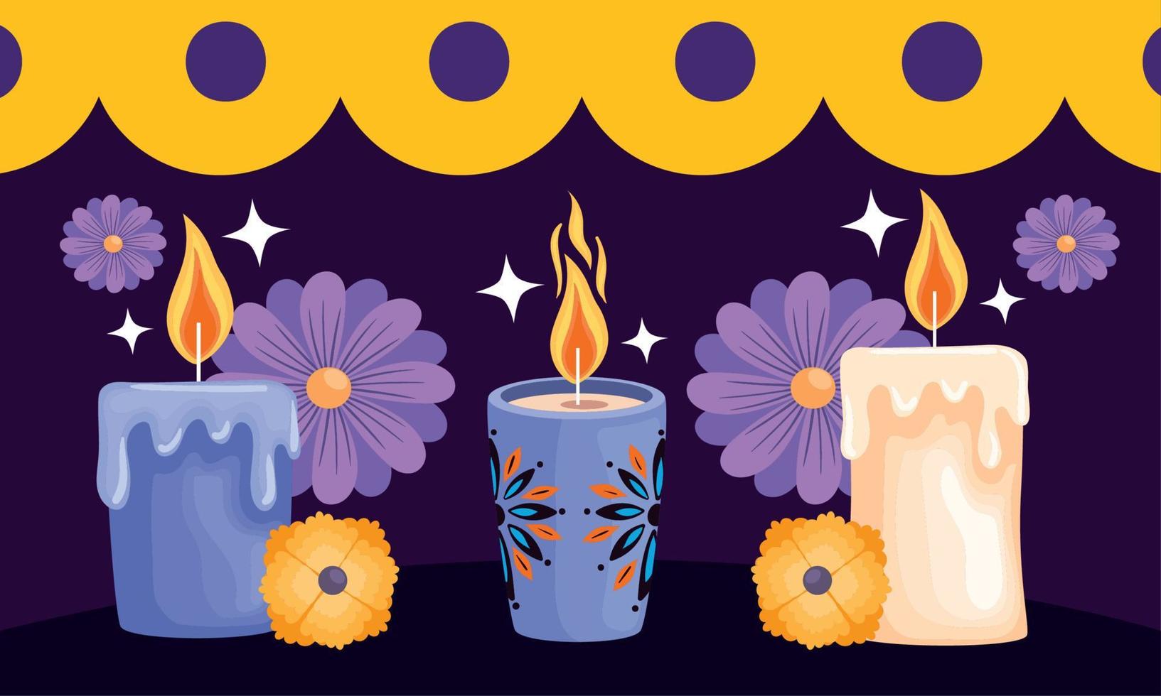 velas dia de los muertos con decoración floral vector