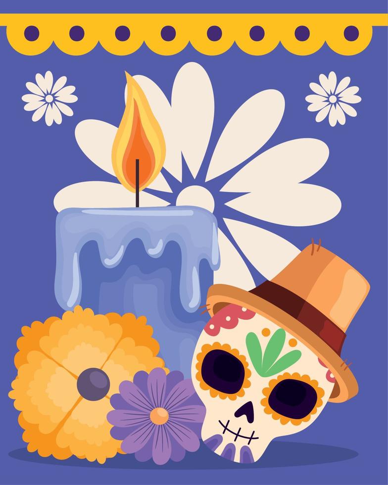 dia de los muertos calavera con decoracion de flores vector