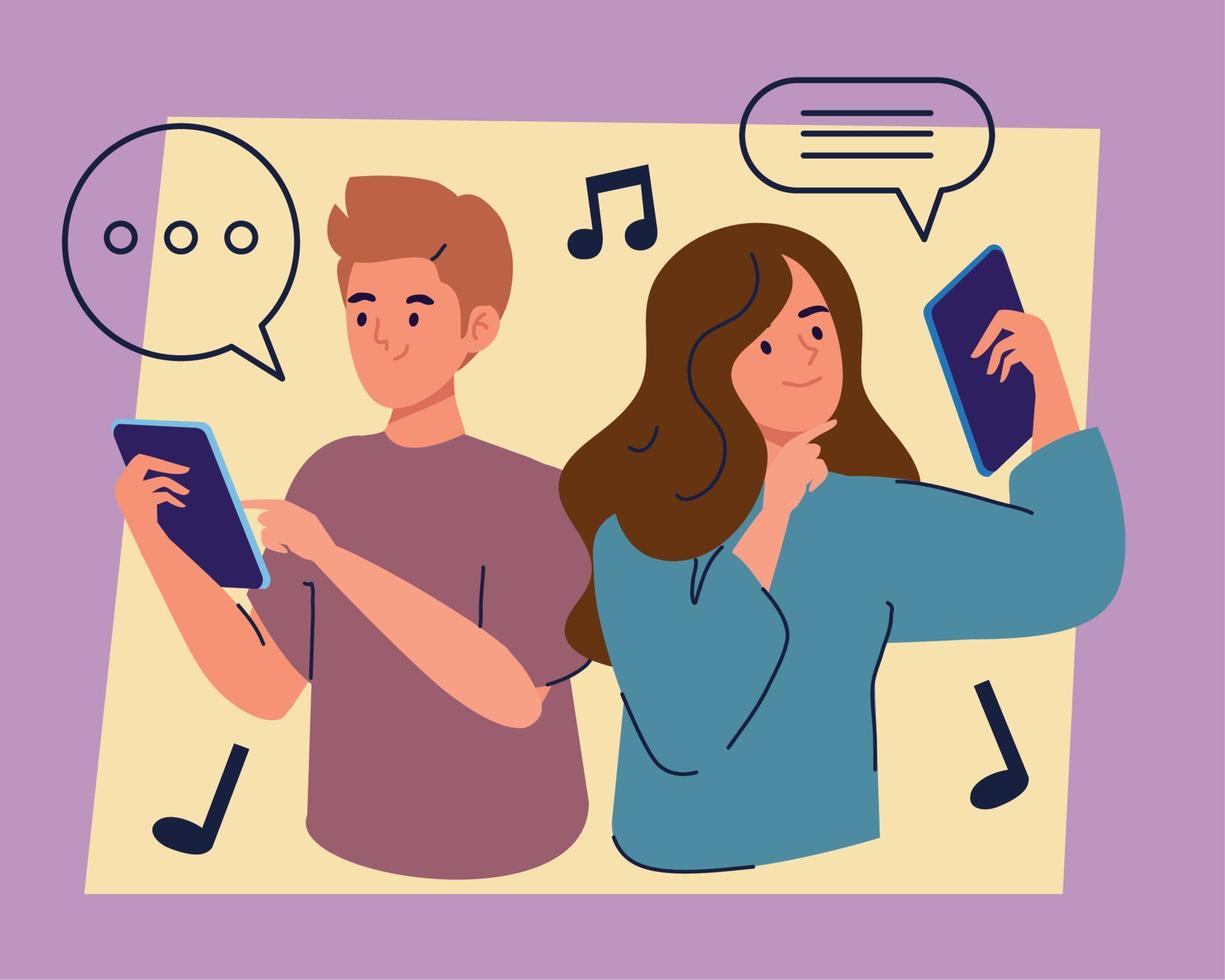 couple with smartphones and speech bubbles vector