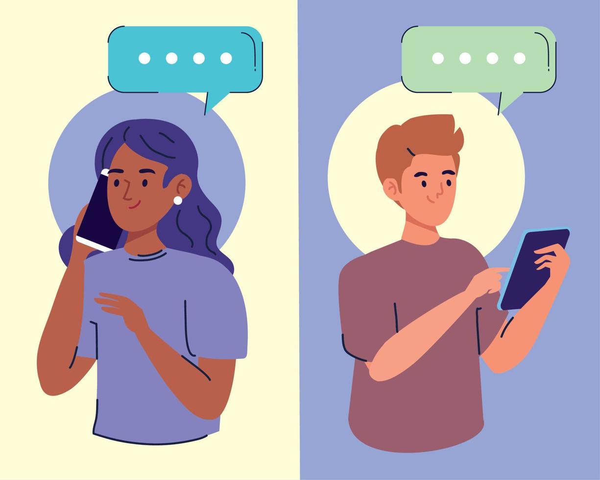 couple with smartphones chatting vector