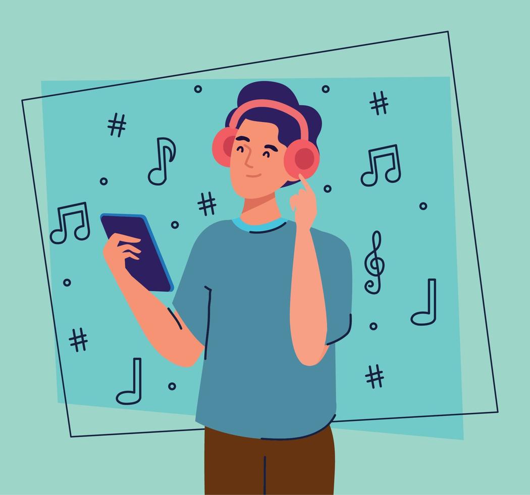 hombre escuchando musica en smartphone vector