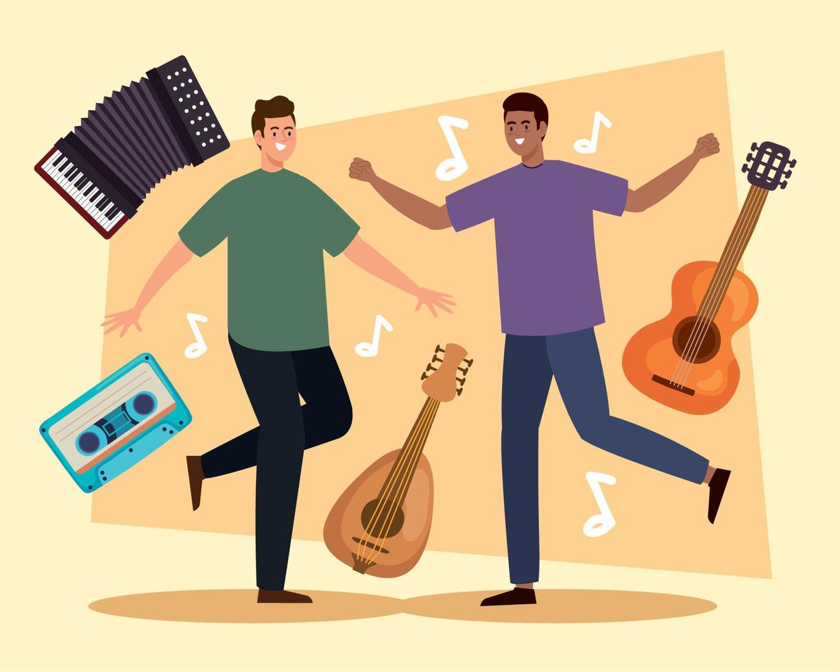 men dancing and instruments vector