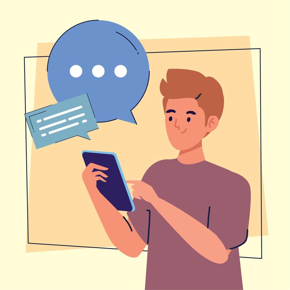 man with smartphone and speech bubbles vector