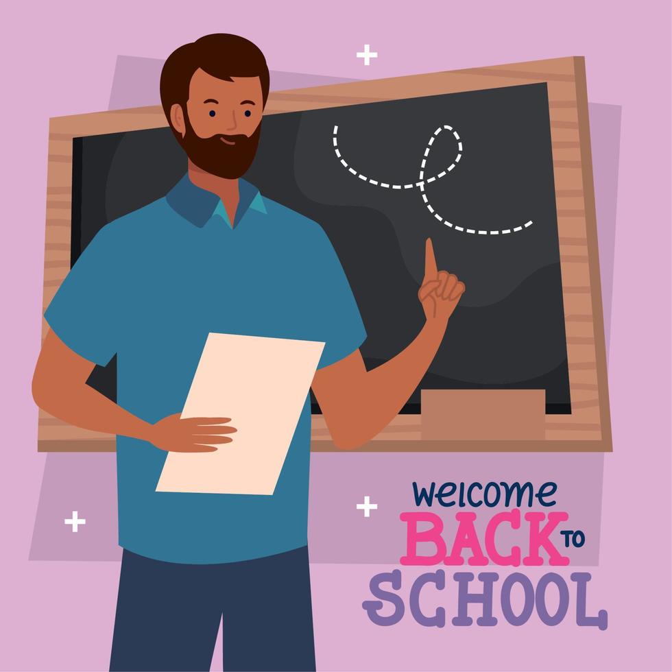 back to school lettering with teacher in classroom vector