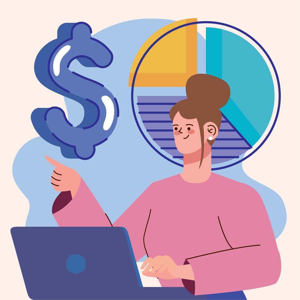 woman with money and statistics pie vector