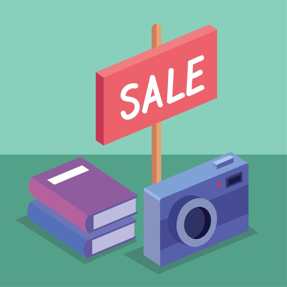 sale label with camera and books vector