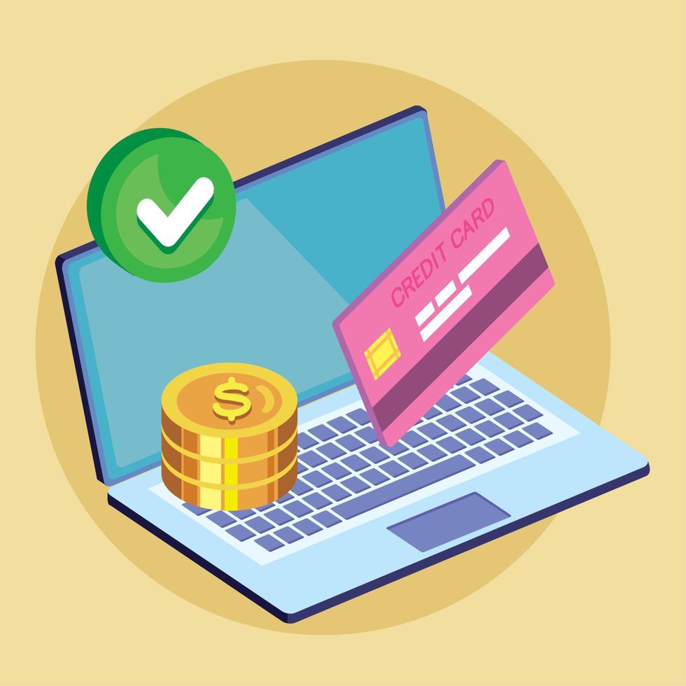 laptop with coins and credit card vector