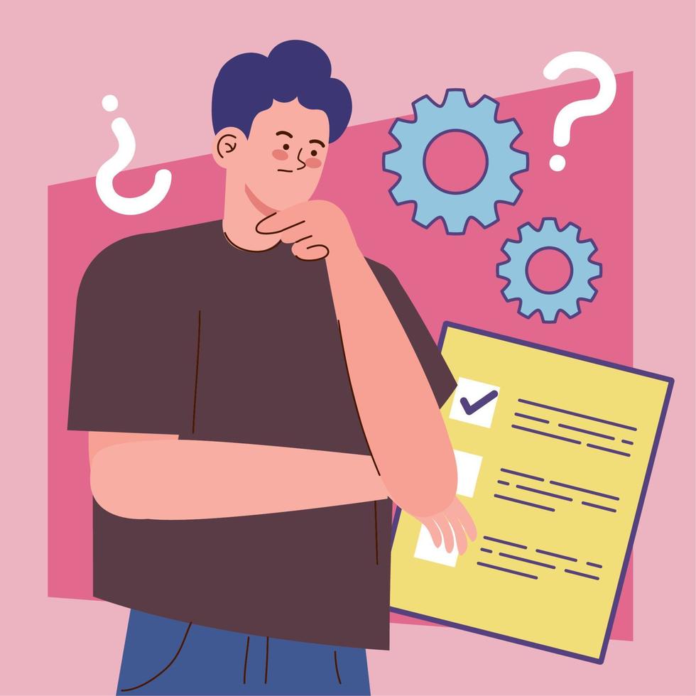 man and question marks with gears vector