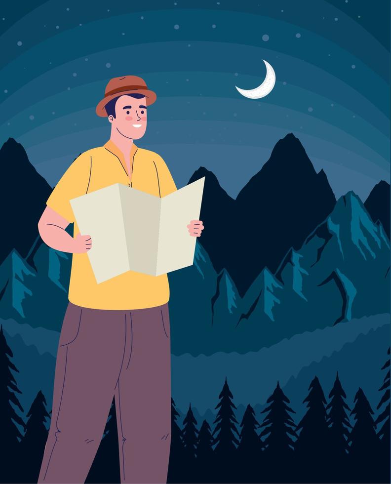 viajero masculino con mapa en la noche vector