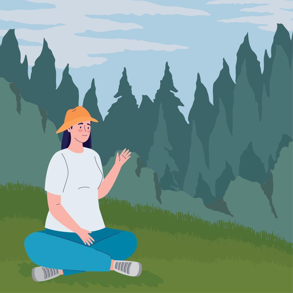 mujer viajera en el bosque vector