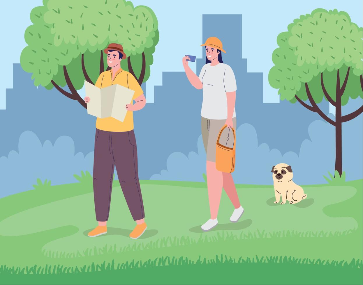 couple travelers with dog vector