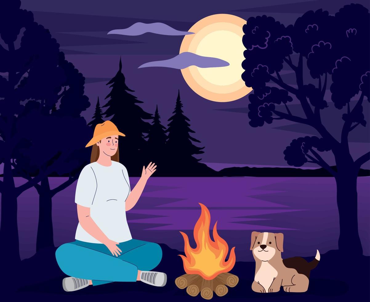female traveler with dog at night vector