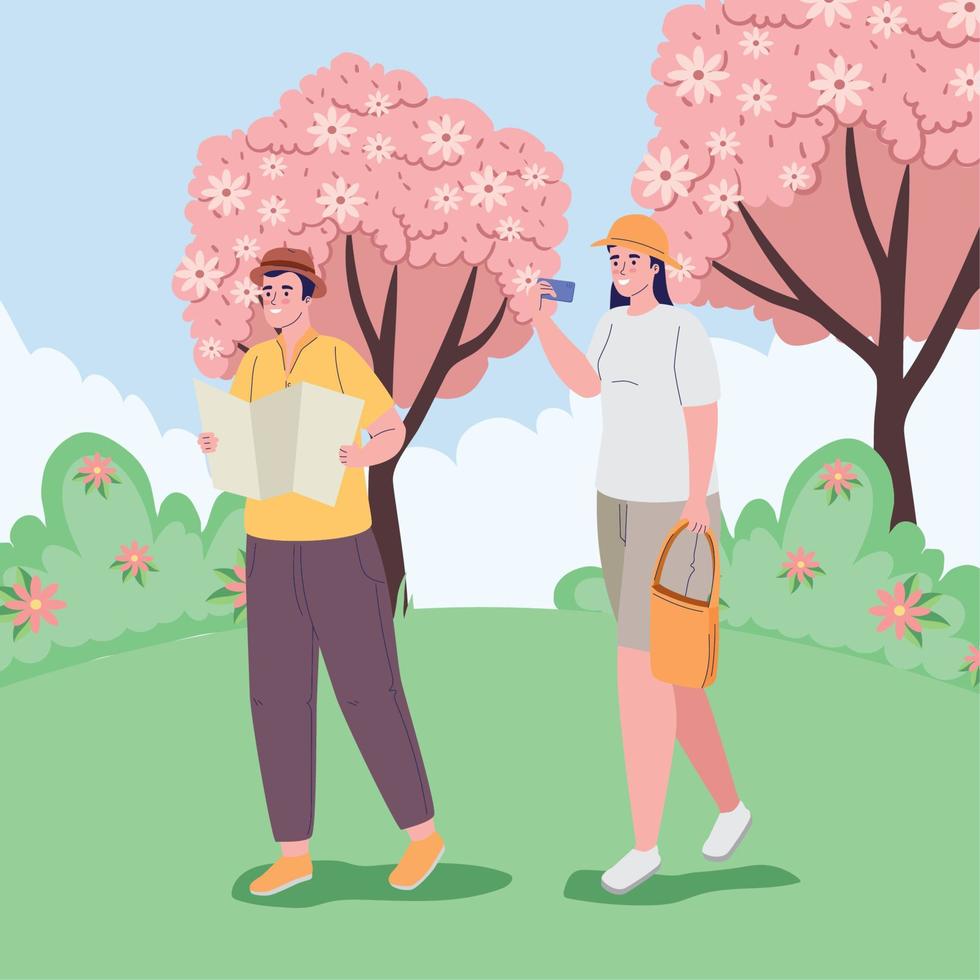 couple travelers with pink trees vector