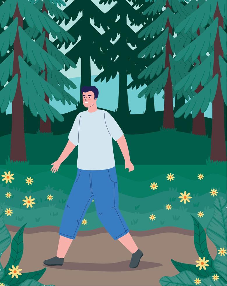 male traveler walking in forest vector