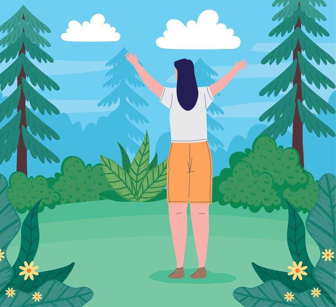 mujer viajera en el bosque vector