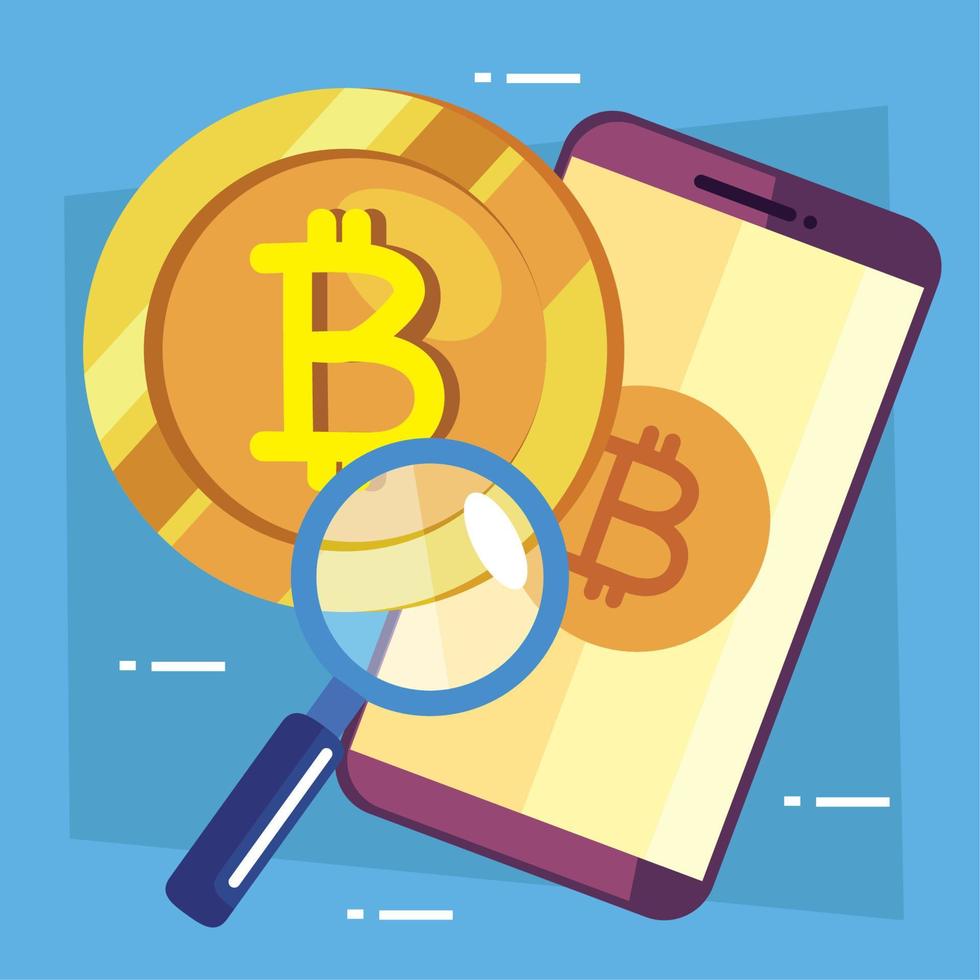 bitcoins con smartphone y lupa vector