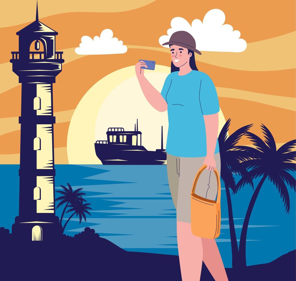 female traveler with smartphone seascape vector