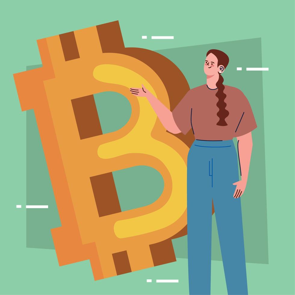 símbolo de bitcoin con mujer vector