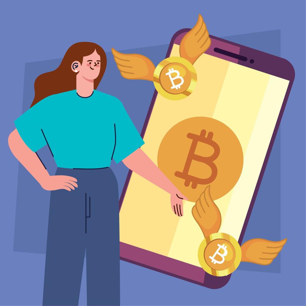 bitcoins en smartphone con mujer vector