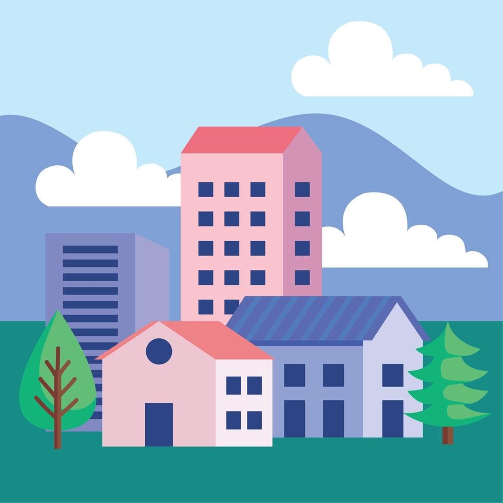 buildings and pines with clouds vector