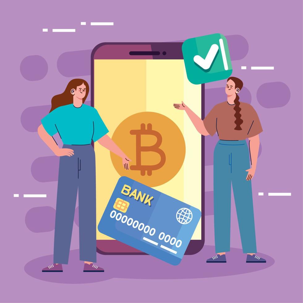 bitcoin in smartphone with girls vector