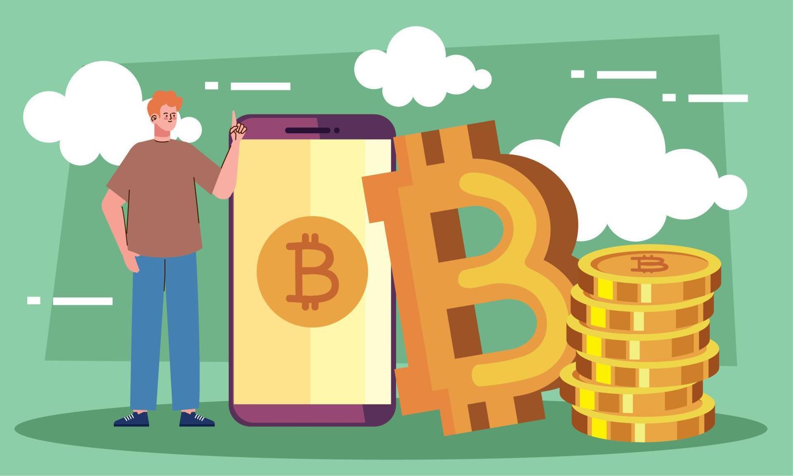 bitcoins en smartphone con hombre vector