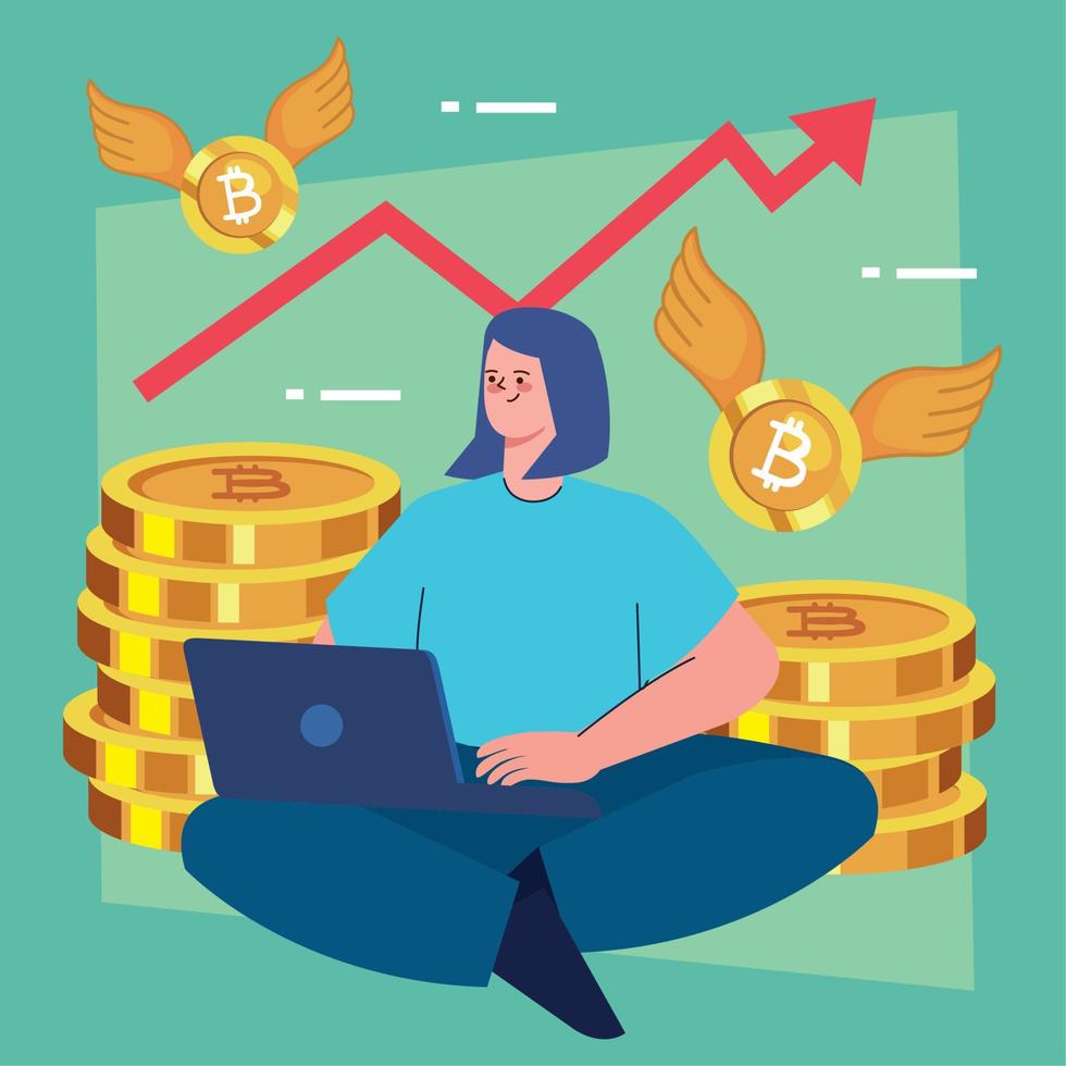 woman using laptop and bitcoins vector