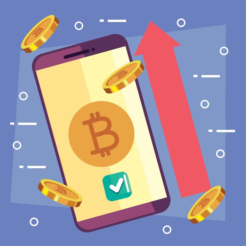 bitcoins en smartphone y flecha vector