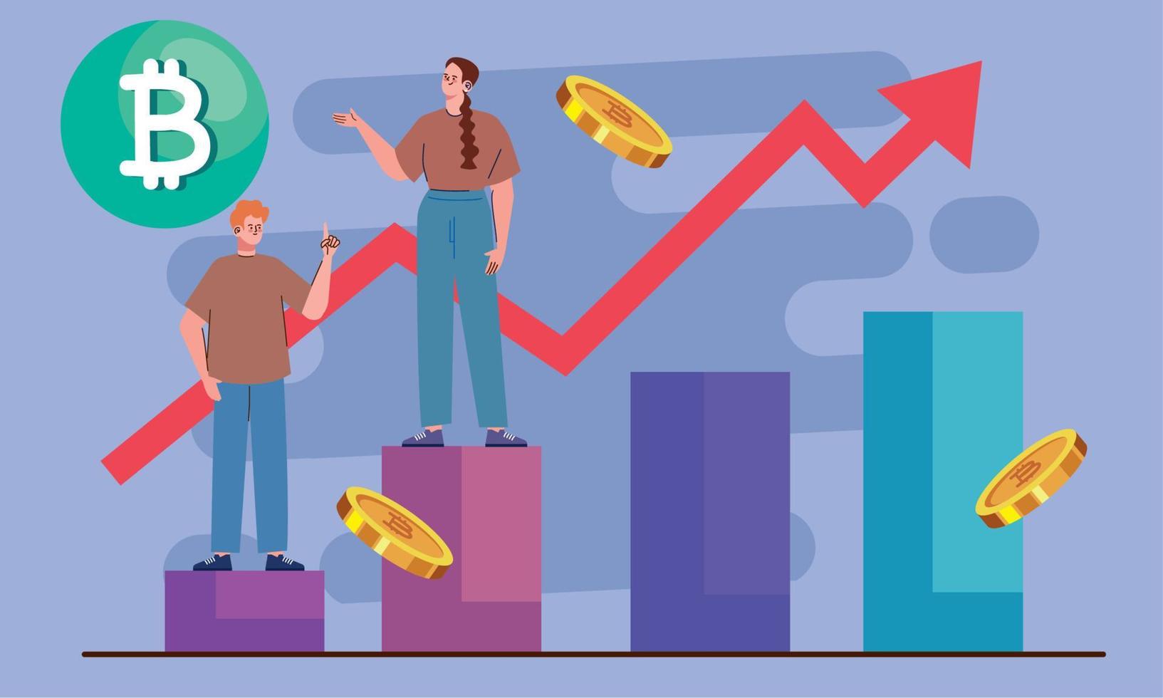 couple with bitcoins in statistics bars vector