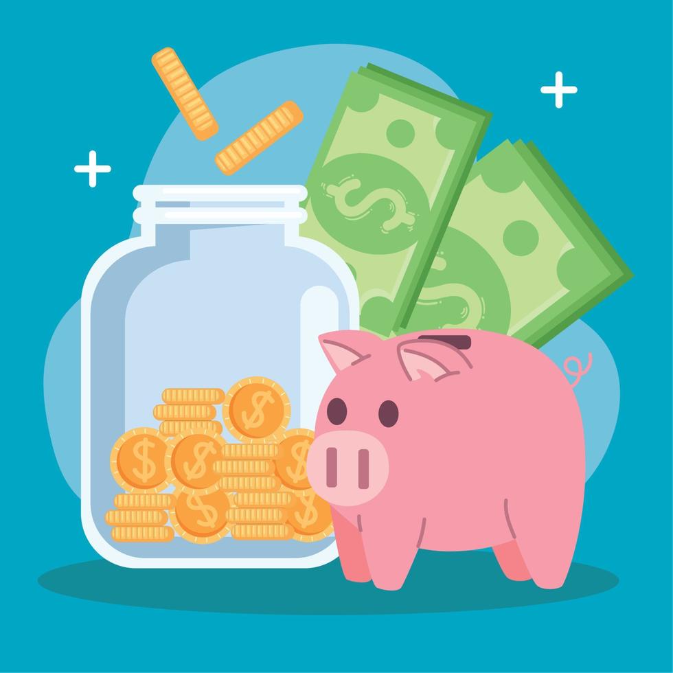 piggy and money dollars vector