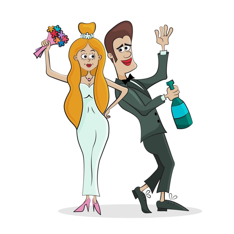 Newlyweds in love at their wedding. Girl in wedding dress with bouquet of flowers and guy in suit with champagne. Concept of love and family values. Vector illustration