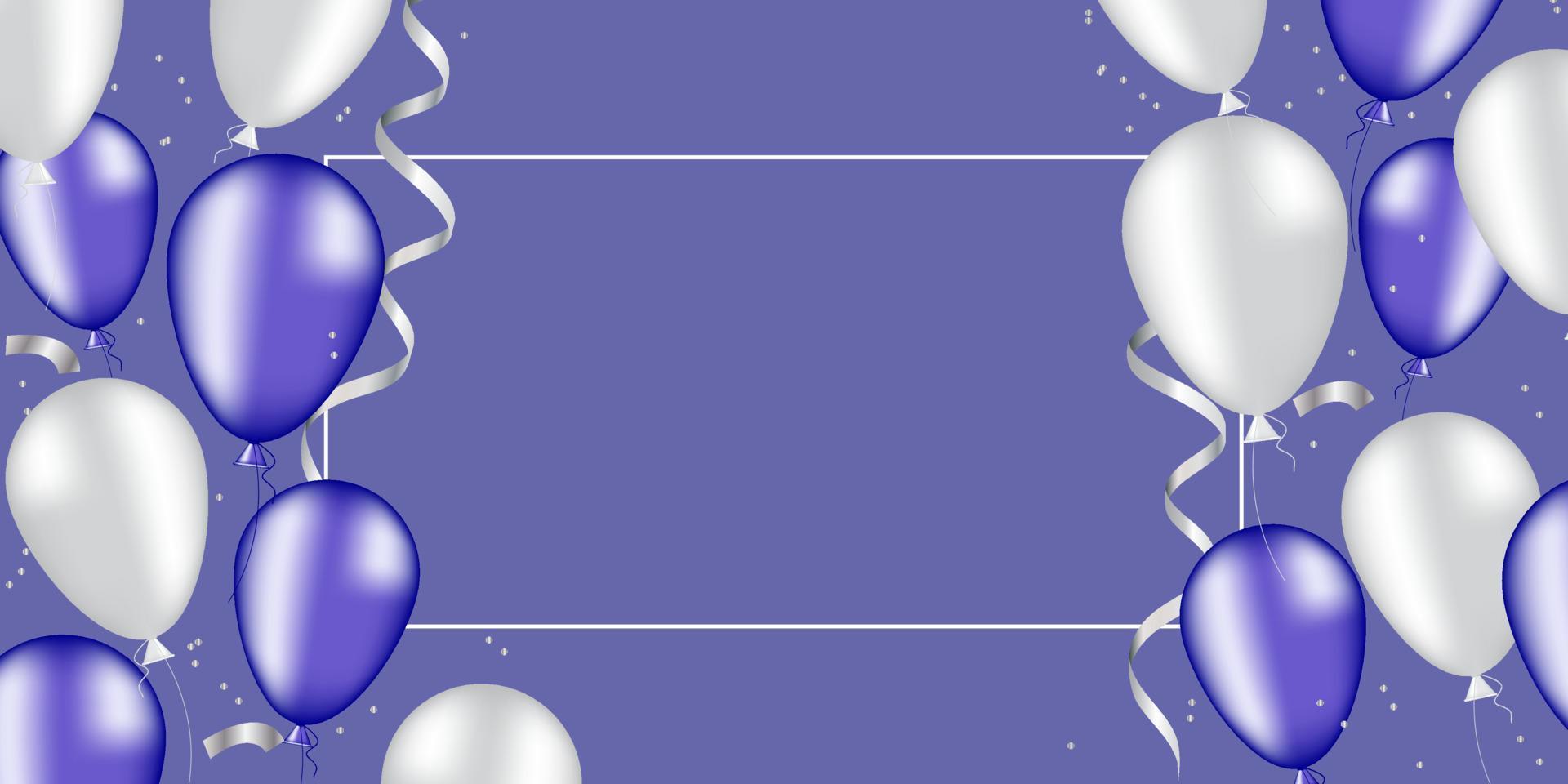 Purple and white balloons with glitter and flying confetti on a very peri background with frame vector