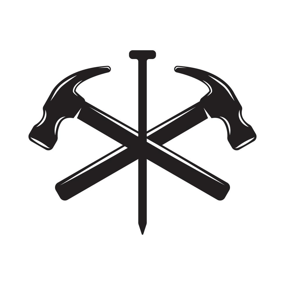 Vintage carpentry woodword mechanic hammer nail cross. Can be used like emblem, logo, badge, label. mark, poster or print. Monochrome Graphic Art. Vector