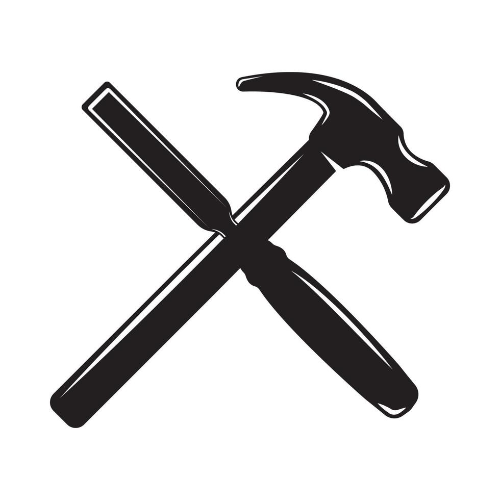 Vintage carpentry woodword mechanic hammer chisel cross. Can be used like emblem, logo, badge, label. mark, poster or print. Monochrome Graphic Art. Vector