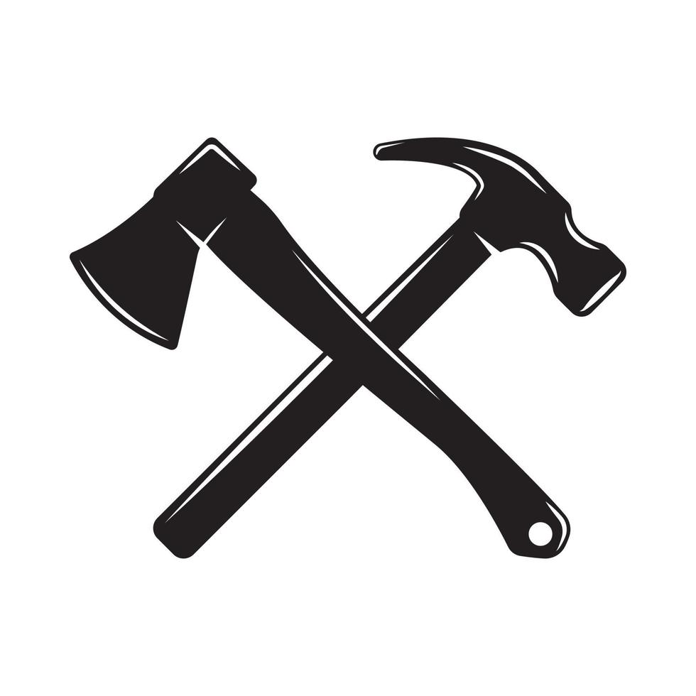 Vintage carpentry woodword mechanic hammer axe cross. Can be used like emblem, logo, badge, label. mark, poster or print. Monochrome Graphic Art. Vector