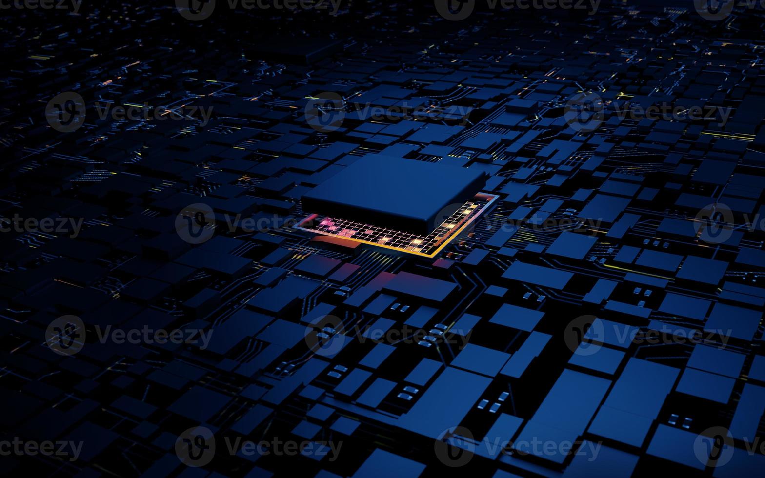 3D rendering microprocessor CPU chipset central processor unit on the illumination circuit computer mainboard. Cyber and futuristic concept, hardware, AI, electronics and technology, with copy space photo