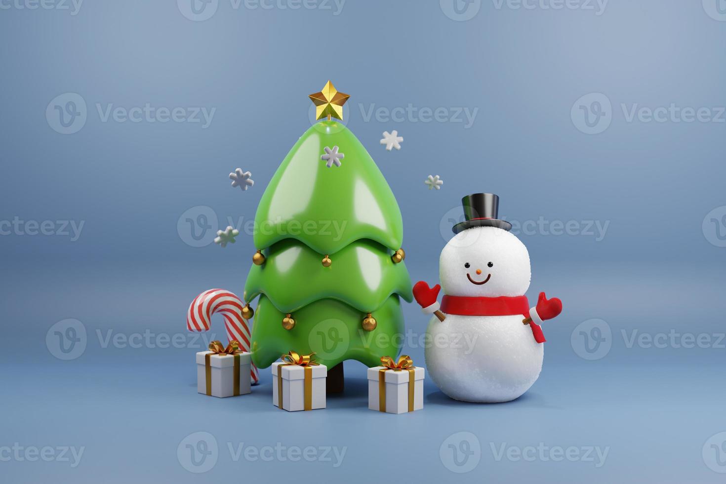 3D Rendering The Cute snowman smiling with a pile of gift box, Christmas tree and candy cane on light blue background. Merry Christmas concept photo