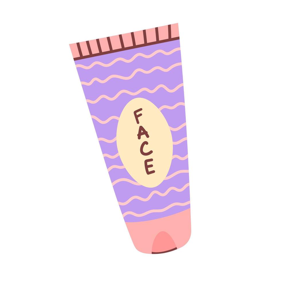 Moisturizing face cream in plastic tube. Cute hand drawn design element in purple color. Vector illustration isolated on white background.