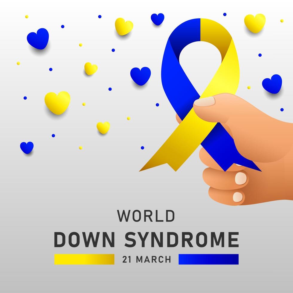 Afiche vectorial del día mundial del síndrome de down con cinta azul y amarilla. cartel social 21 de marzo día mundial del síndrome de down. vector