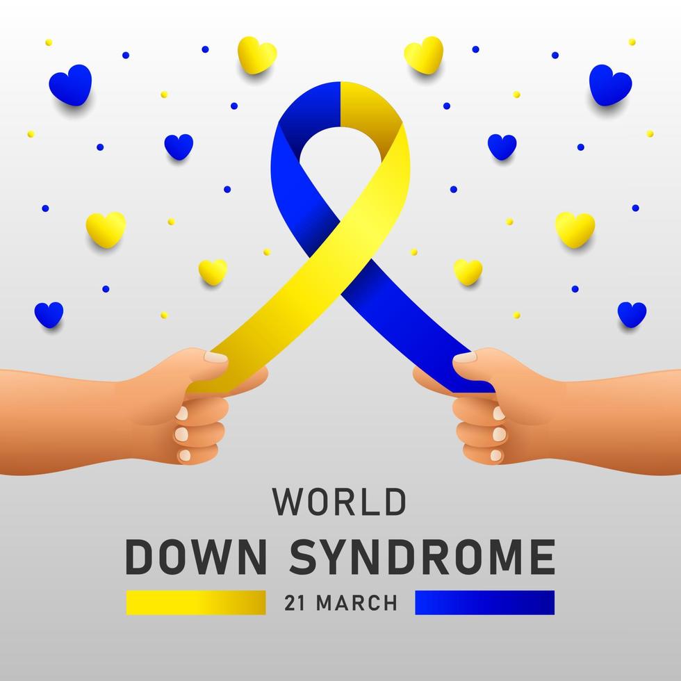 Afiche vectorial del día mundial del síndrome de down con cinta azul y amarilla. cartel social 21 de marzo día mundial del síndrome de down. vector