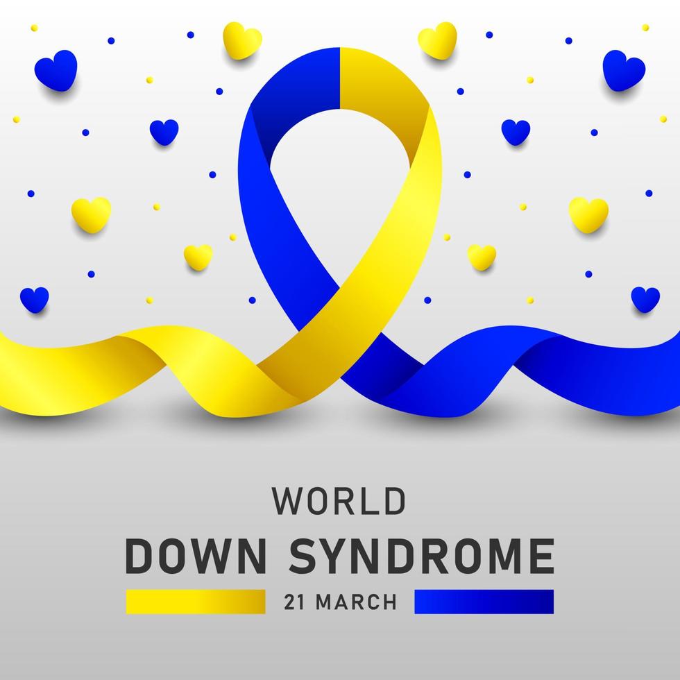 Afiche vectorial del día mundial del síndrome de down con cinta azul y amarilla. cartel social 21 de marzo día mundial del síndrome de down. vector